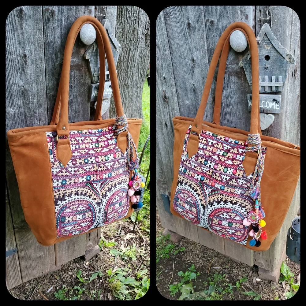 Artisan Banjara free spirit boho Hippie vegan faux suede embroidered bag vtg